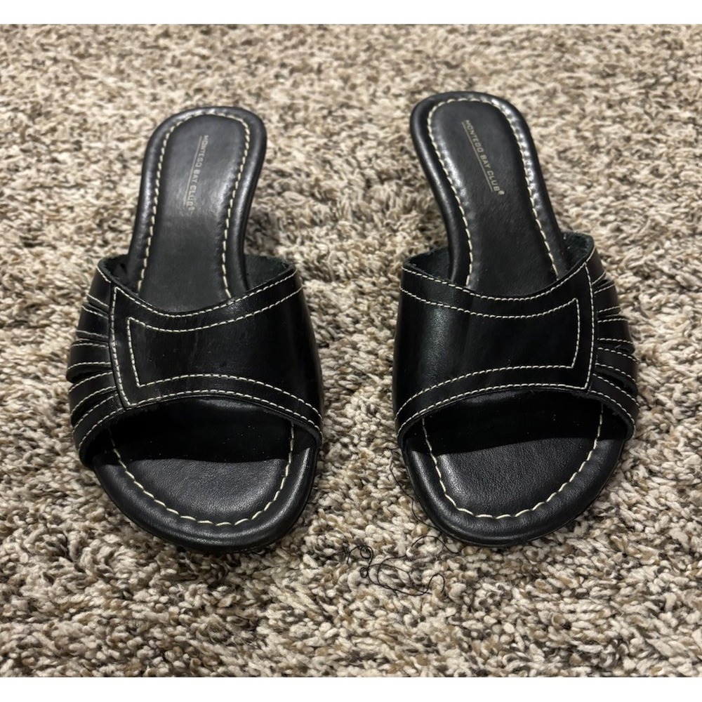 Montego Bay Club Vintage Black Leather Sandals Wedge Shoe Slip On Women’s 7